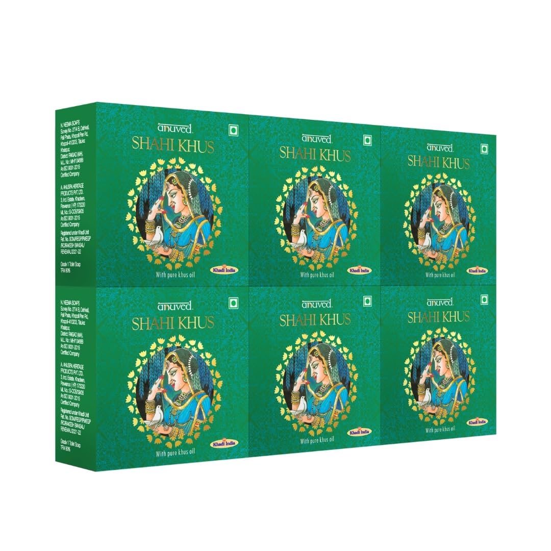 Anuved Shahi Khus Soap | Pack of 6 | 125g Each | With Pure Khus Oil & Rishikesh Gangajal | Calming, Soothing & Antibacterial Herbal Soaps |Paraben & Cruelty Free | Khus Soaps for Bath for Men & Women Anuved Shahi Khus Soap | Pack of 6 | 125g Each | With Pure Khus Oil & Rishikesh Gangajal | Calming, Soothing & Antibacterial Herbal Soaps |Paraben & Cruelty Free | Khus Soaps for Bath for Men & Women