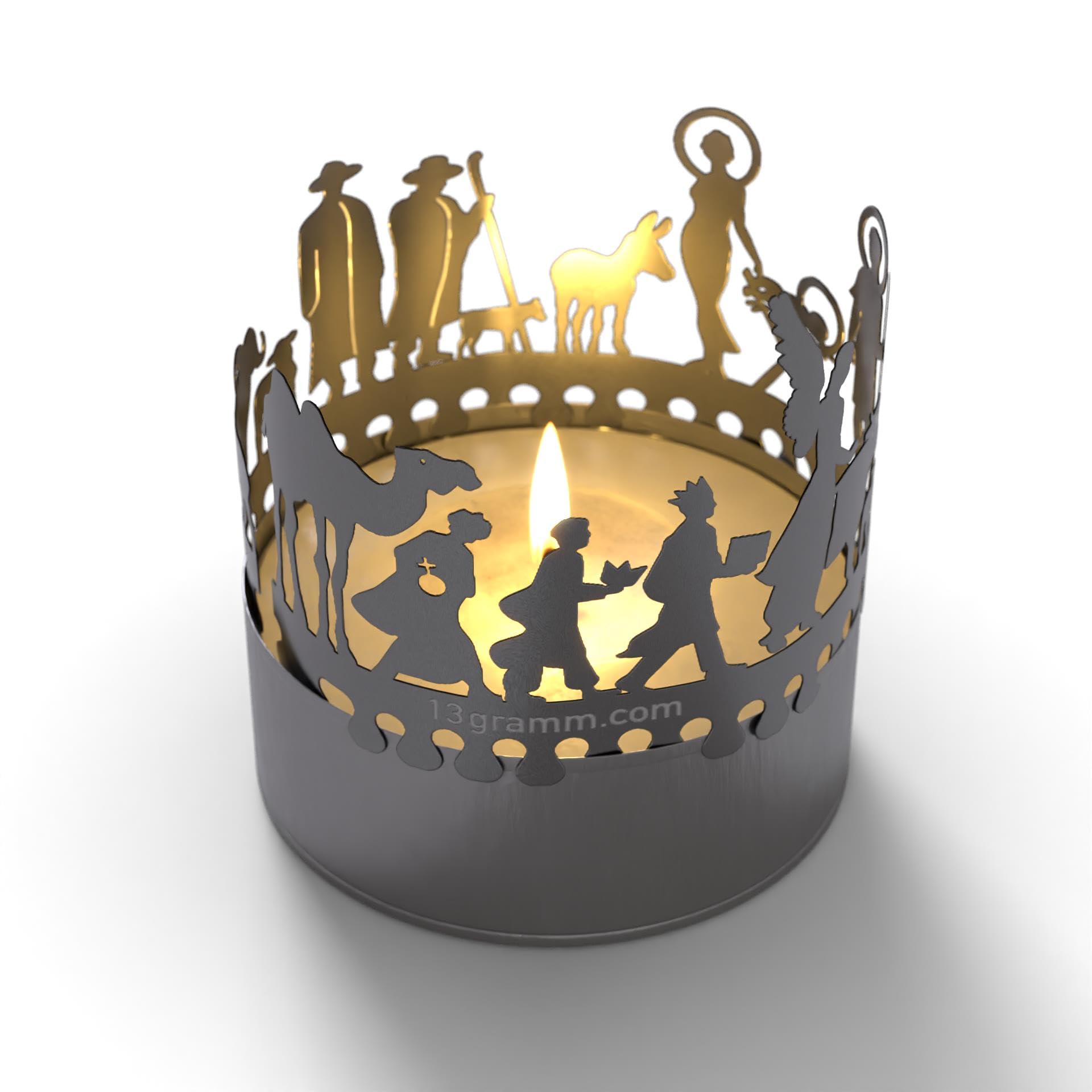 13gramm Nativity Scene candle votive gift, 3D stainless steel attachment for a tea light inclusive greeting card