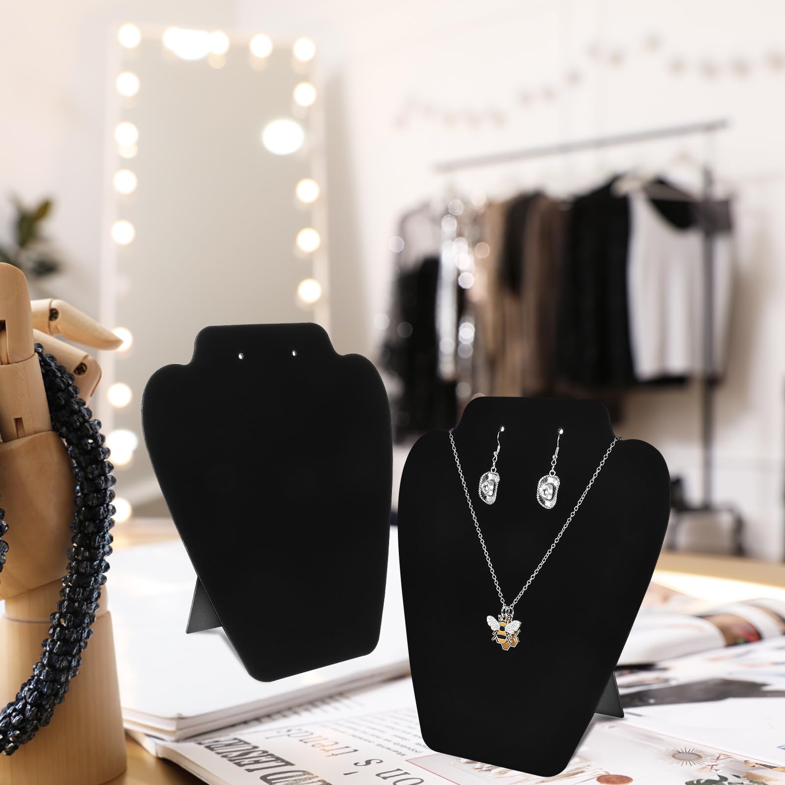 Expositores de Pendientes y Collares Negros de Tela Aterciopelada y Cartón, Plegables y Organizadores para Joyas en Tienda, Paquete de 18 Piezas