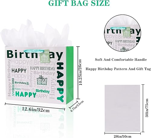 Miniatura 2 de Elephant-package Bolsa de regalo grande blanca y verde con papel de seda, bolsa de regalo de feliz cumpleaños, 12.6 x 10.25 x 4.7 pulgadas, 1 unidad