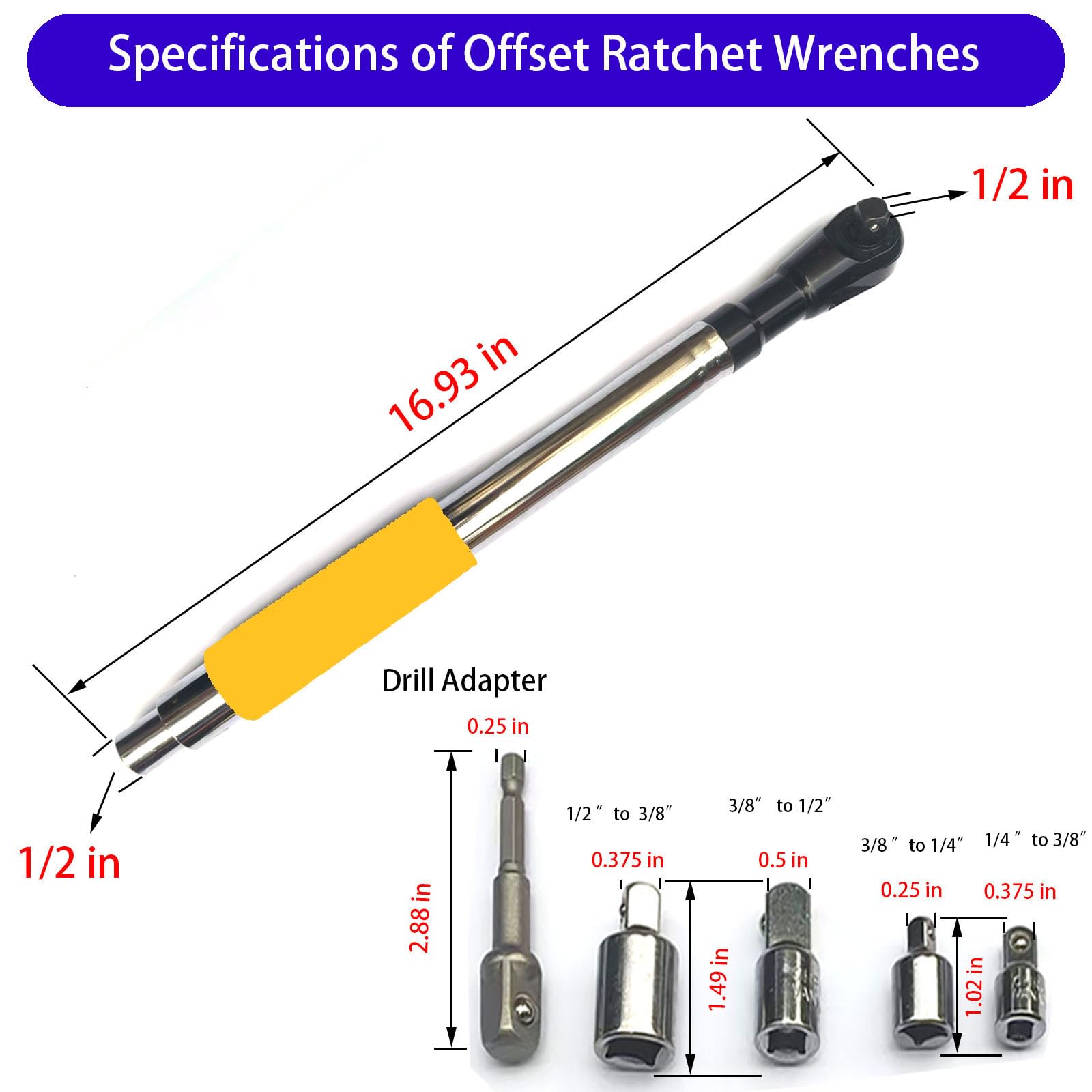 Offset Wrench Extender - 1/5.1 cm Drive Impact Wrench Adapter, Heavy Duty Ratschenverlängerung für enge Räume, passend für Standard-Stecknüsse (Gelb)