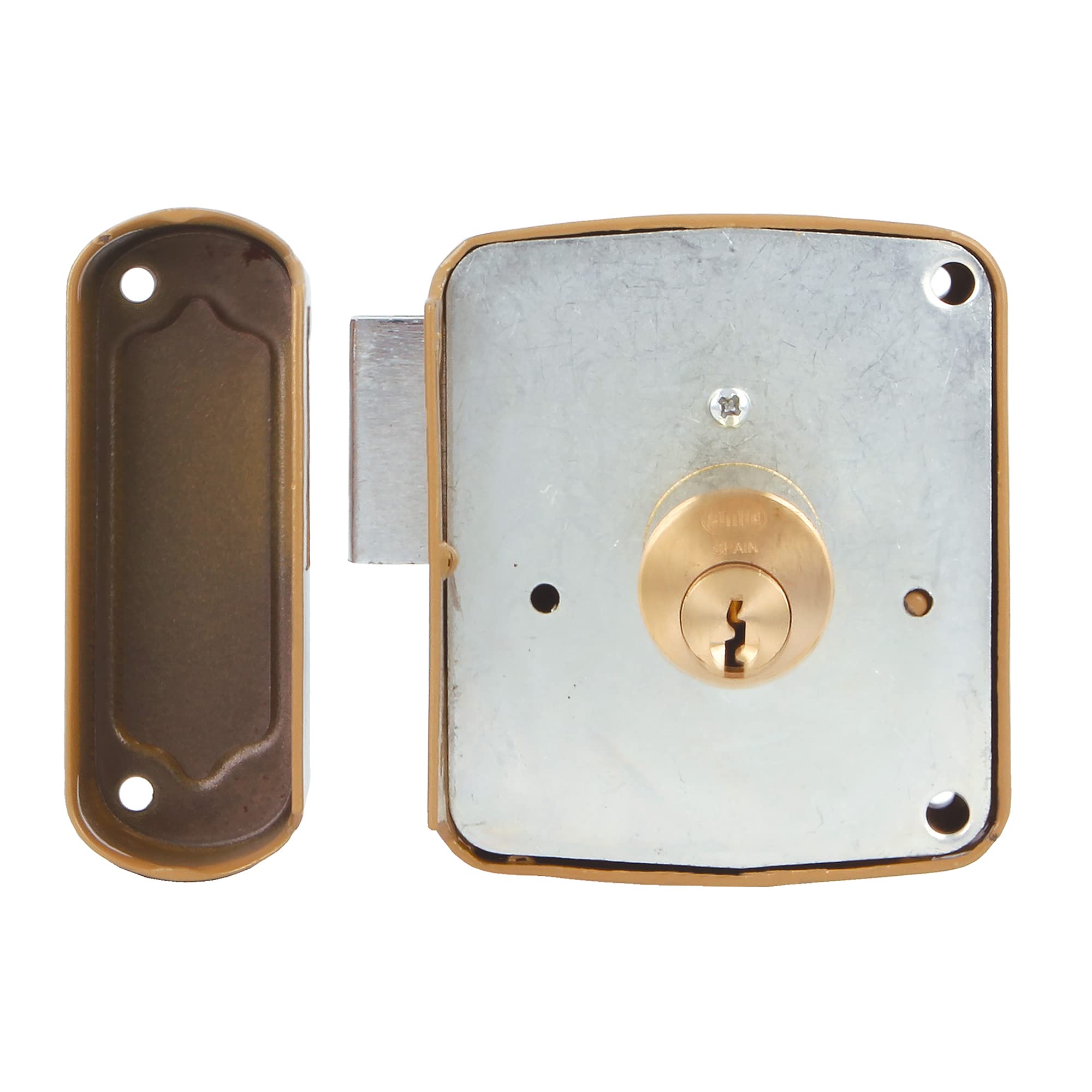 Amig - Cerradura de Sobreponer de Derecha con Palanca de Cierre y Lengüeta para Puertas de Madera Mod. 72PU / 80 x 95 mm/Pestillo Con Cilindro Redondo/Acero Dorado