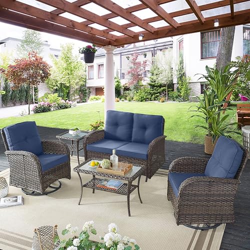 Belord 5 Piece Outdoor Patio Furniture Set with Deep Seating Swivel Rocker Chairs Loveseat and Rattan Coffee Table Outdoor Conversation Sets for Deck Backyard Poolside