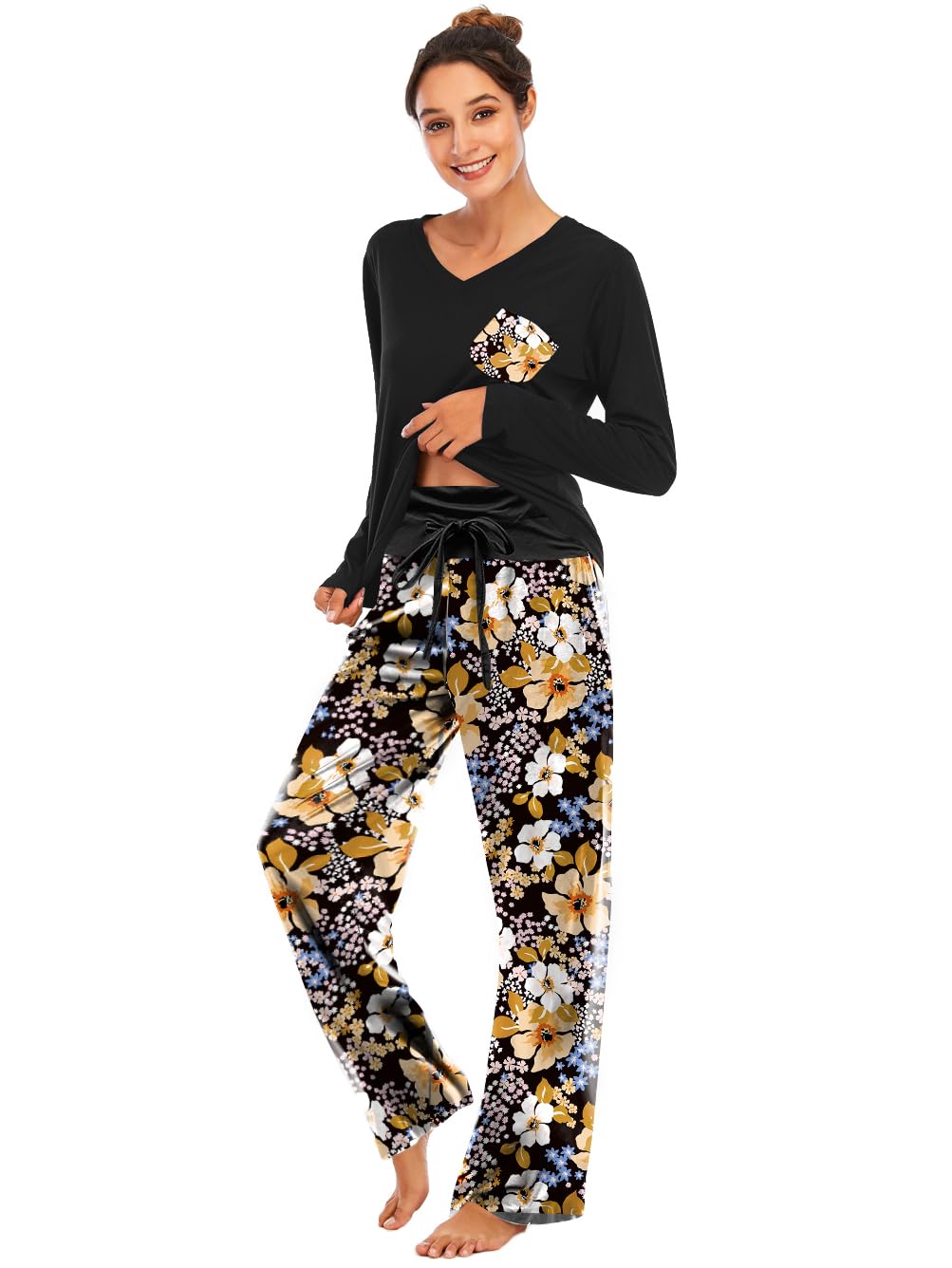 Famulily Damen Schlafanzug Lang Pyjama Set Herbst Winter Baumwolle Drucken Nachtwäsche Zweiteiliger Nachtwäsche Oberteil und Hose mit Weitem Bein S-XXL