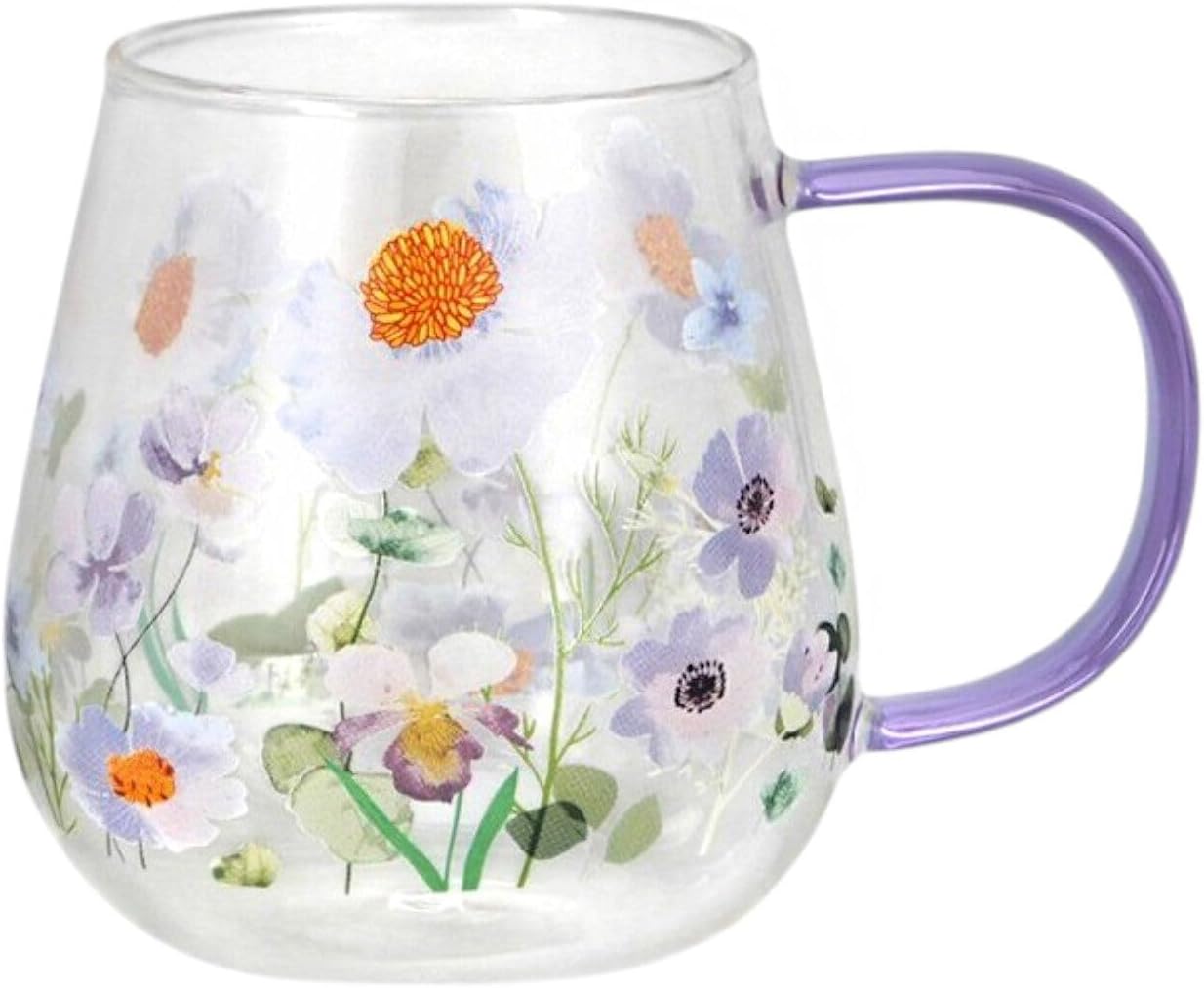 STP GOODS Glass Mug Set of 4, Transparent Large Coffee Mug with Handles for Hot Drinks, Clear Mugs for Tea, Cappuccino, Latte, Espresso, Juice, Glass Coffee Cups (Chamomile)