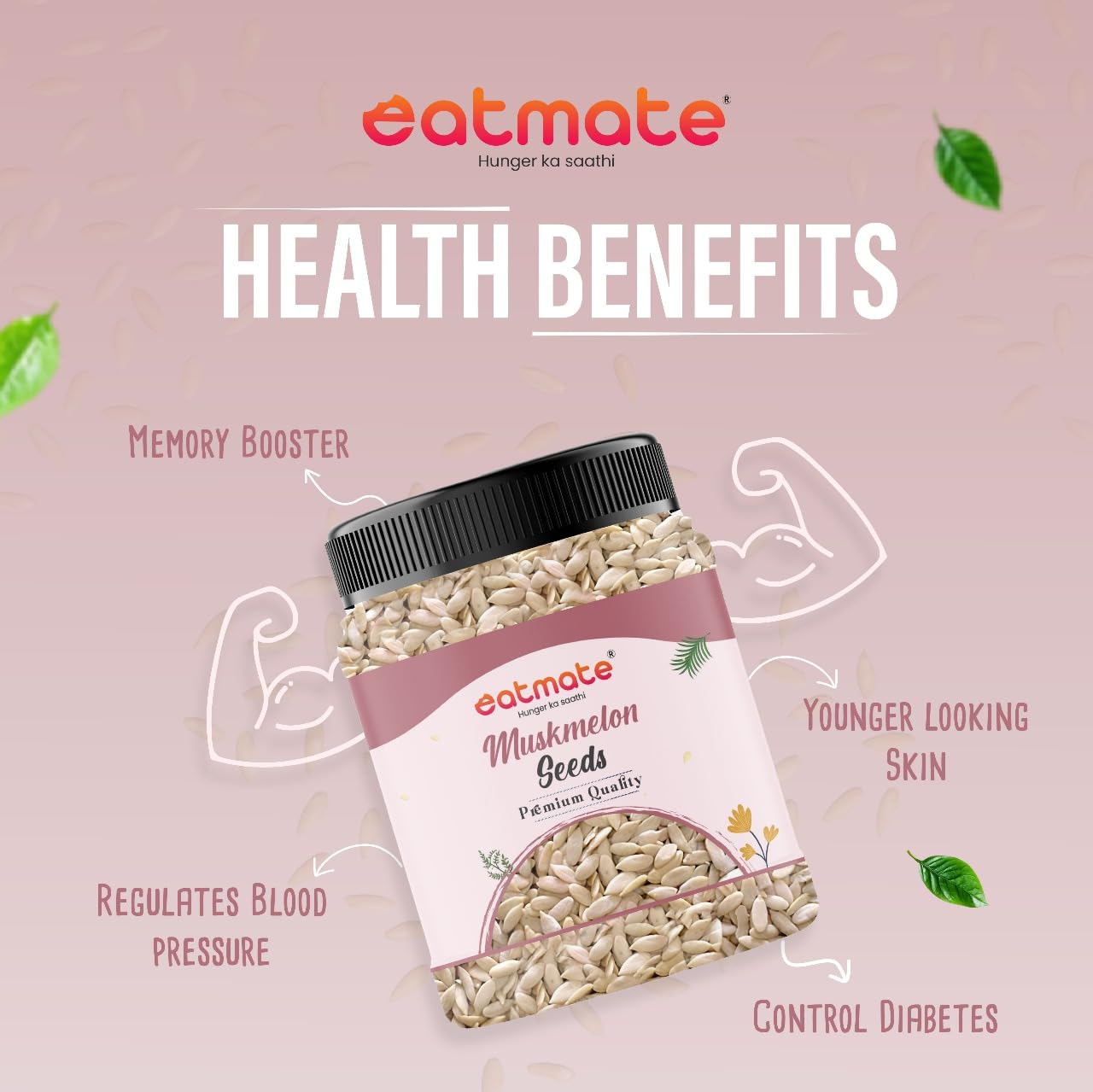 Eatmate Natural Muskmelon Seeds | Kharbooj Magaj | Kharbhuja Beej for Eating | High in Protein, Potassium, Magnesium & Iron | Good for Immunity Booster| Healthy Snack, Topping and Cooking Use (250gm) 1