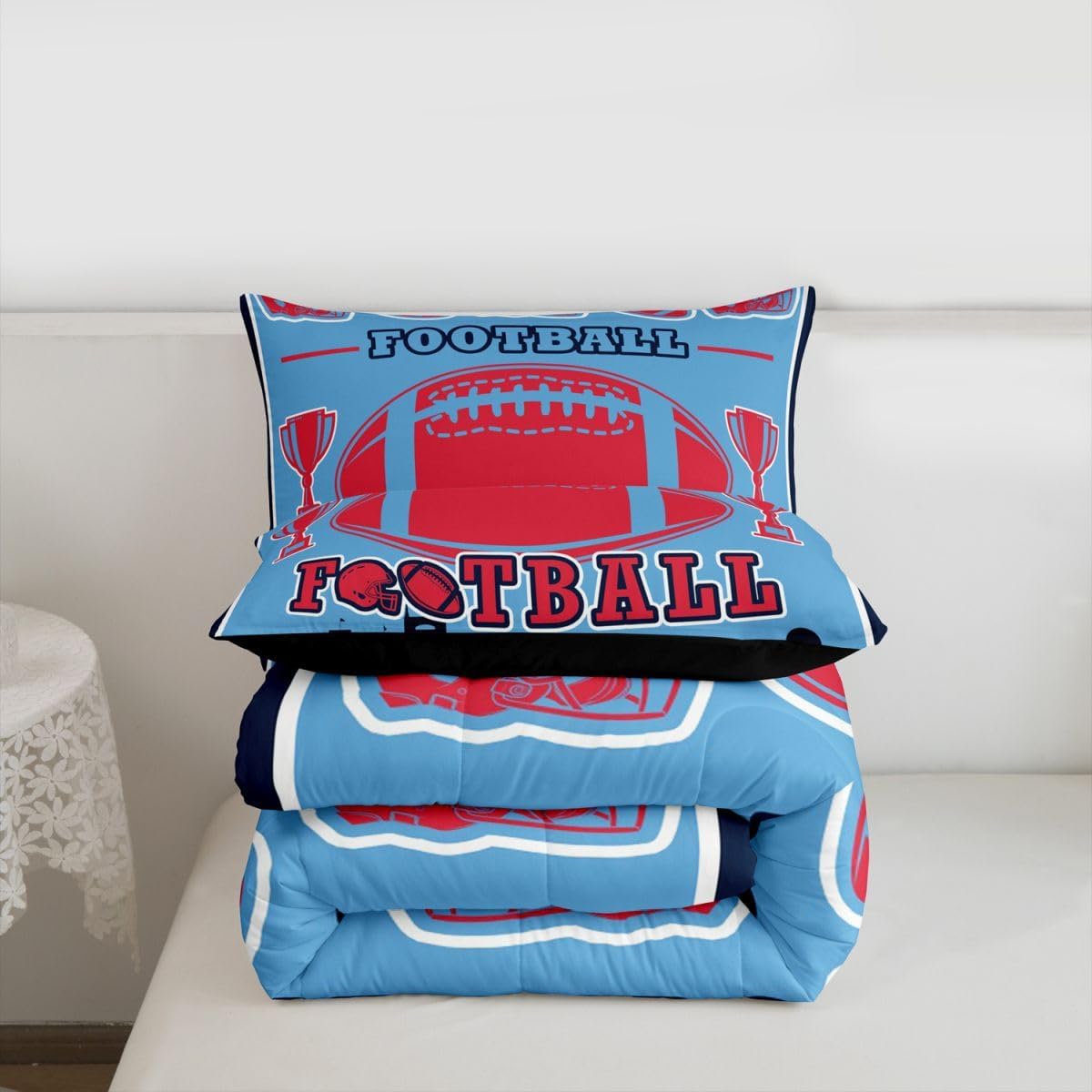 Erosebridal Football Comforter Set Toddler Size,Red Blue Football City Bedding for Sports Fans,Boys Rugby Quilt with 1 Pillow Case Bedroom Decor,Ball Competition Duvet Insert(Red Blue Black)
