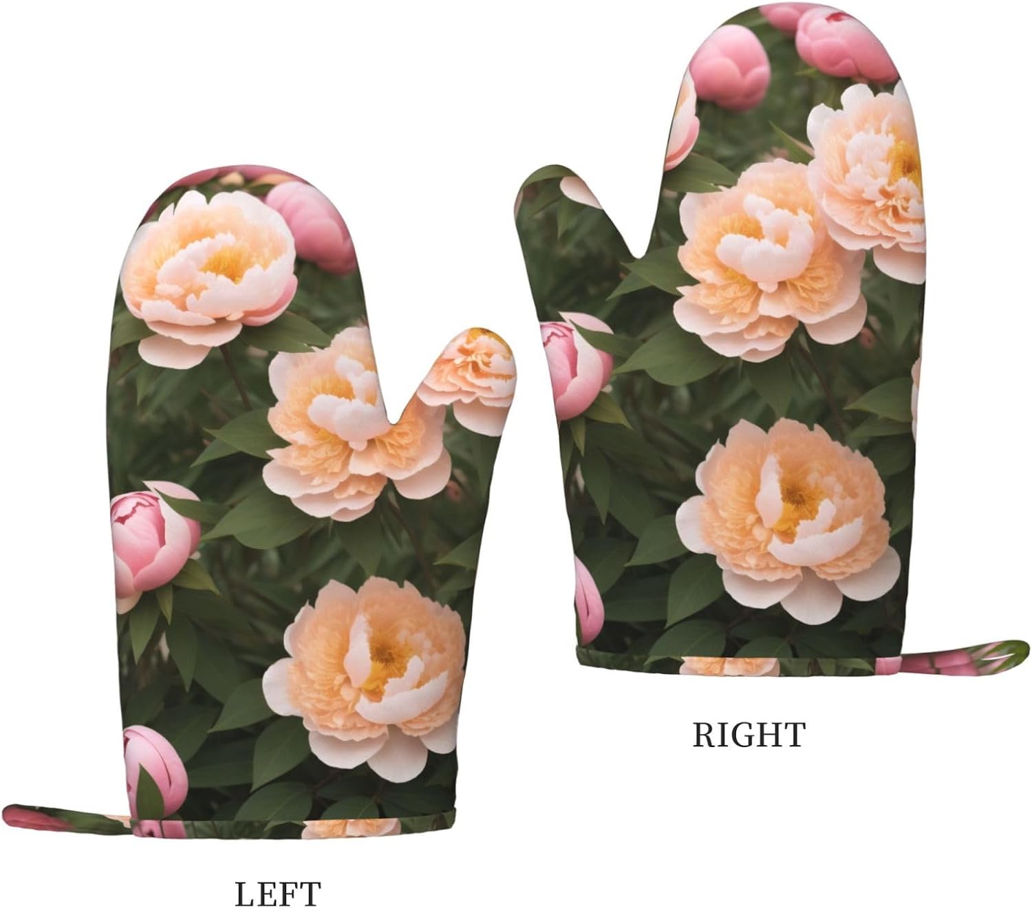 Peonies 4pcs Oven Mitts and Pot Holders Sets for Kitchen, Silicone Oven Gloves Non-Slip Potholders Hot Pads for Baking Cooking