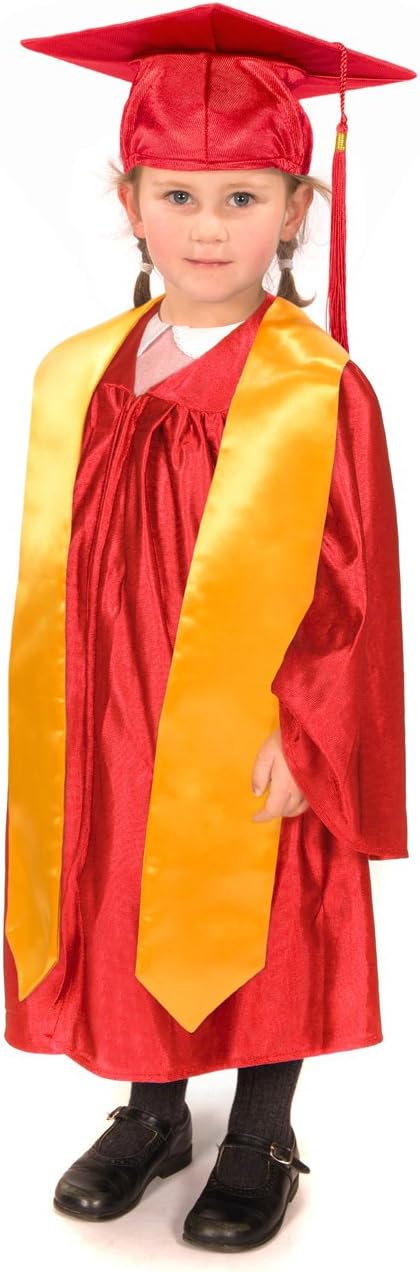 Graduation Attire Unisex Children's Nursery Gown, Cap and Stole in Red with Shiny Finish - Polyester - 3 to 4 Years