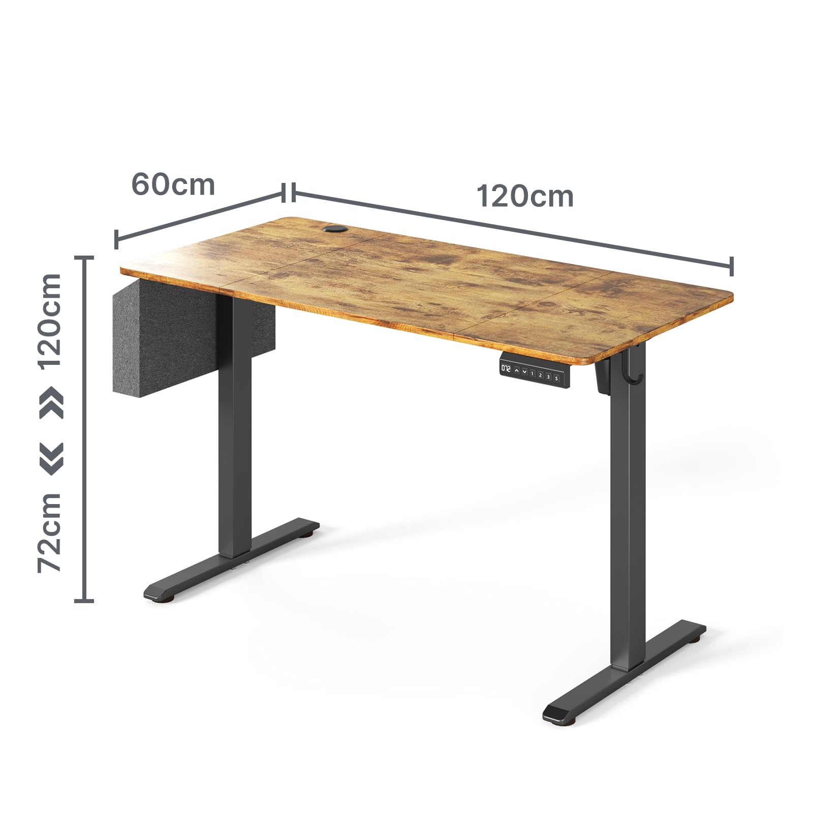 Xbro Escritorio Elevable Eléctrico 120 x 60 cm, Escritorio Ajustable en Altura con 3 Memorias, Mesa Elevable con Bandeja para Gestión de Cables, Bolsillo de Almacenamiento y Ganchos Laterales
