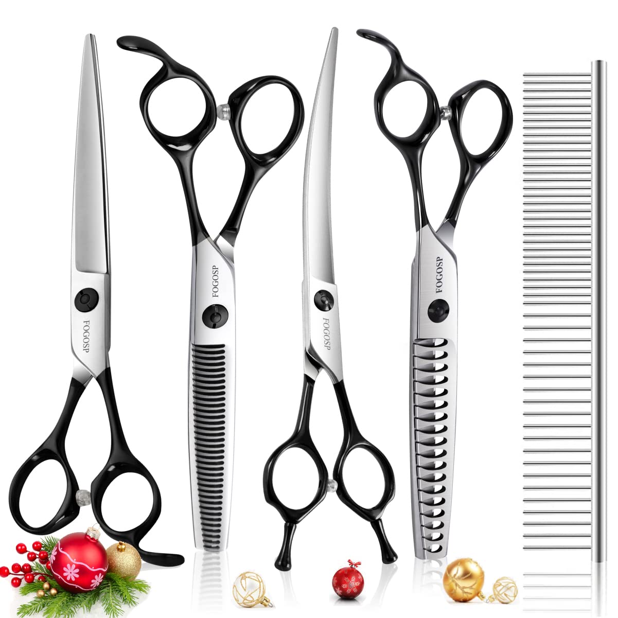 Professional Dog Grooming Scissors Kit 4pcs FOGOSP 7 inch Curved Thinning Straight Chunker Shears for Dogs Cat Pets (7 in Kit, Black)