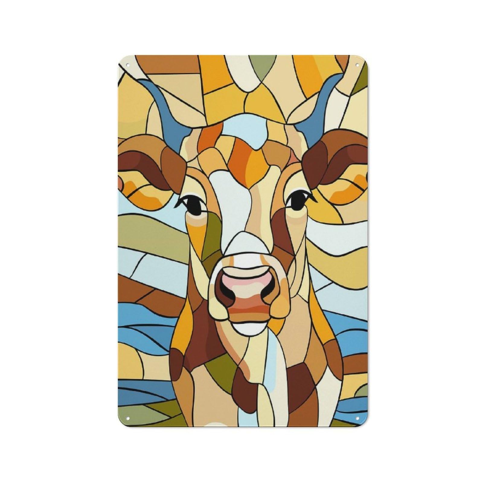 Junmoney Style-9 Vintage Metal Sign 30X20cm Featuring Stained Glass Cow Portrait For Pub Or Café, Wall Decor For People Reorganising Pub And Café