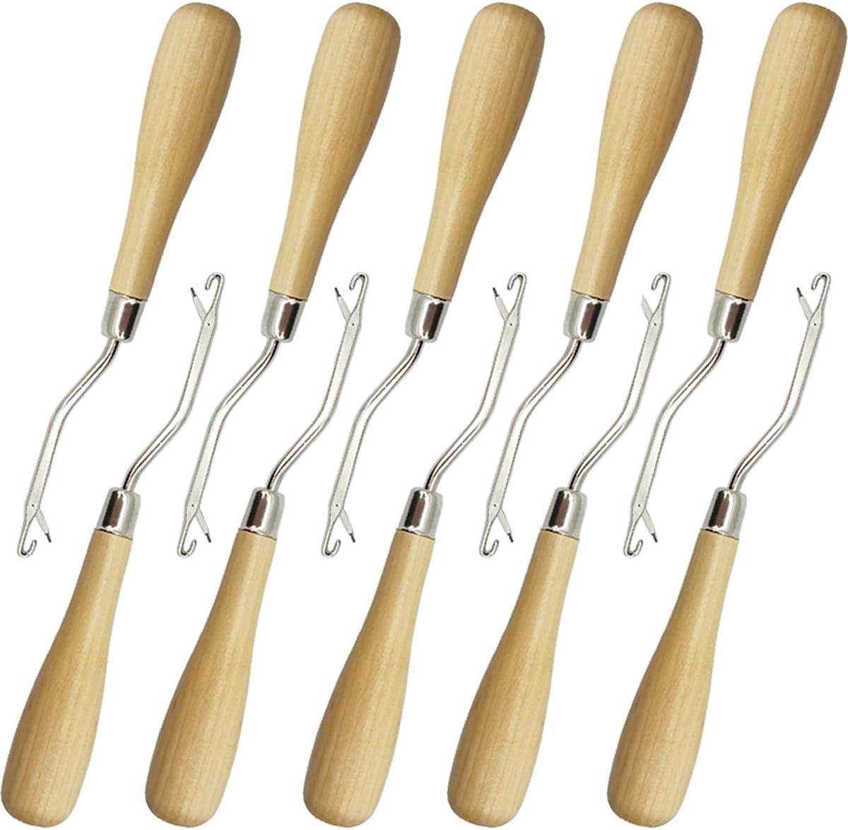 ROYHOO 10PCS Wooden Bent Latch Hook Tool Knitting Tool Needle Hook with Wood Handle for Crafts Carpet