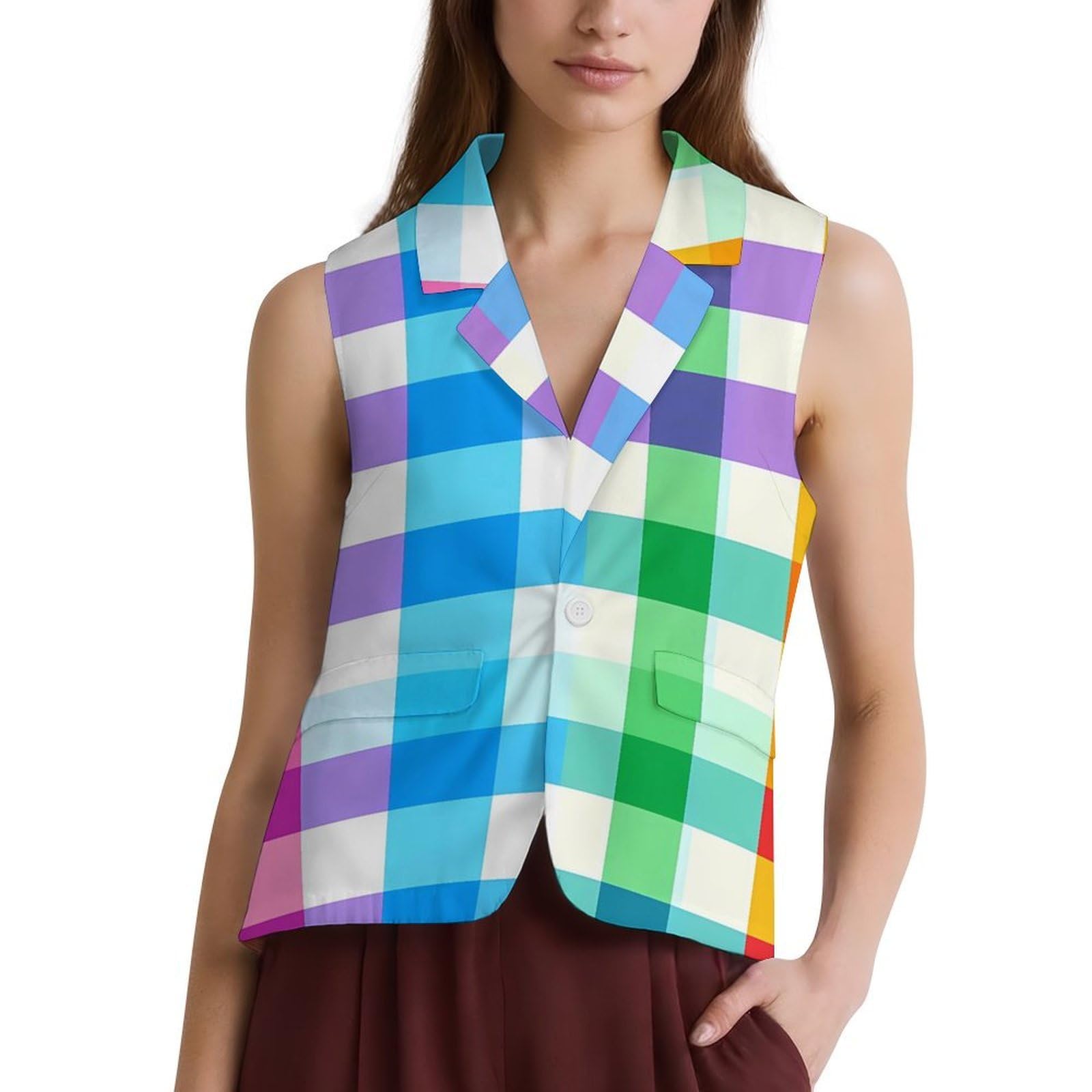 Colorful Checkered Checkerboard Womens Vest Casual Suit Vests Top Sleeveless Waistcoat for Work Office