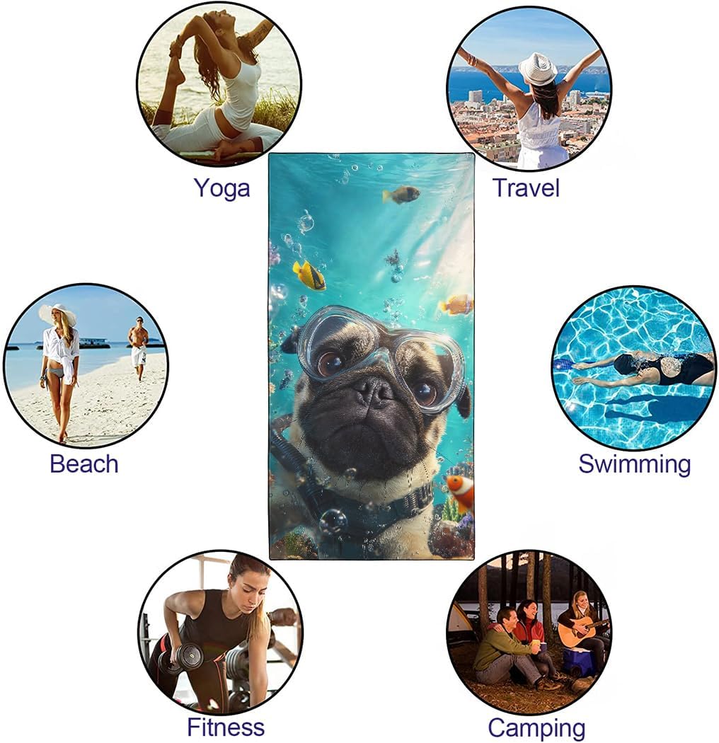 Pug Beach Towel, 36"x72" Sand Free Quick Dry Thin Lightweight Microfiber Animal Towel,Dog Gifts for Men Women image 3