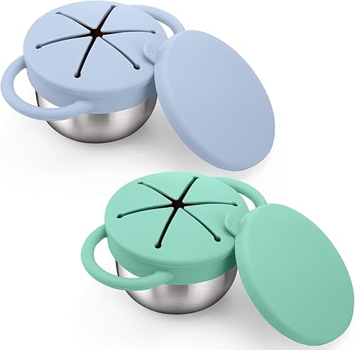 BUSOHA Paquete de 2 vasos de acero inoxidable para niños pequeños, recipientes de aperitivos para bebés de 9 onzas a prueba de derrames con receptor