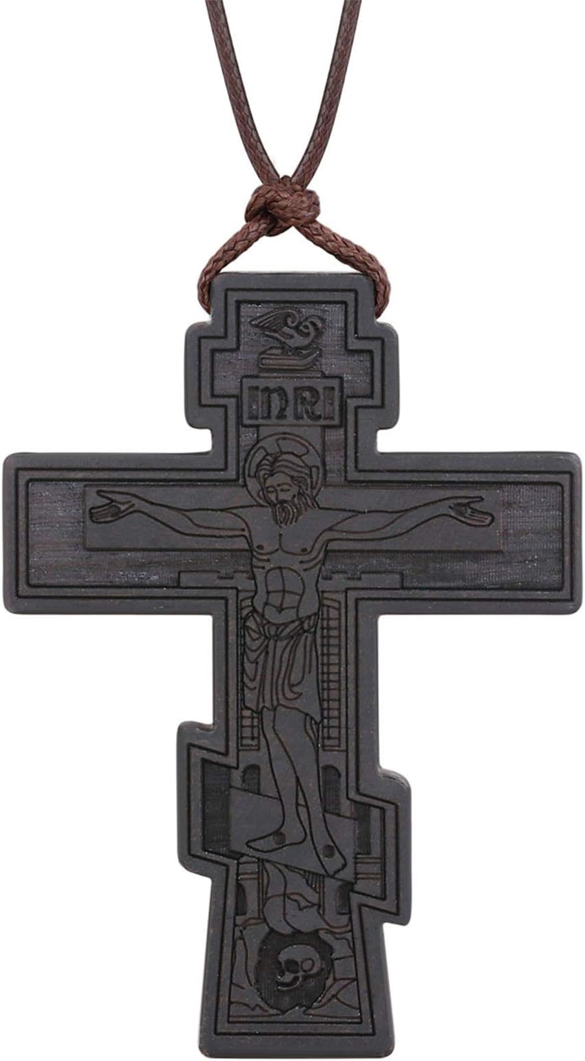 COTTVOTT Wood Orthodox Cross Pendant Necklace Christian Crucifix Necklace Prayer Jesus for Women Men