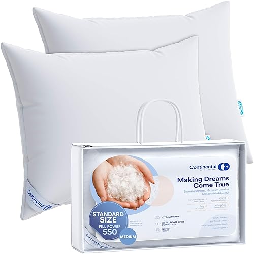 Continental Bedding Almohada de plumón de ganso blanco firme 1 paquete tamaño estándar 20 x 26 pulgadas 24 onzas potencia de relleno 550 plumón de
