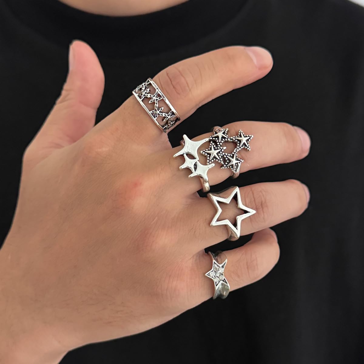 Gothic Vintage Rings Set for Men Silver Chunky Punk Star Snake Stackable Statement Gothic Rings Men Punk Hip Hop Jewelry