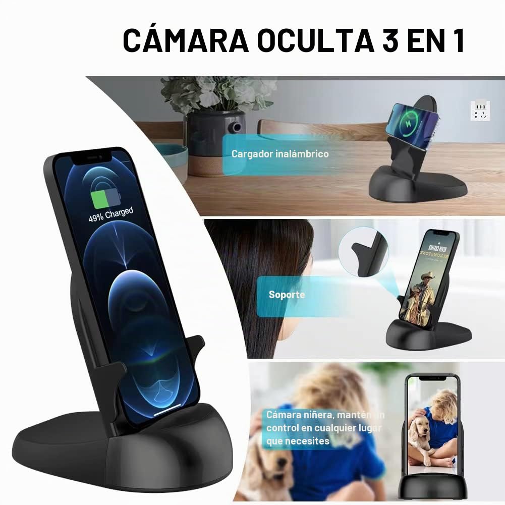 Cámara oculta Cámara espía WiFi Cargador inalámbrico, Cámara espía para niñera Activada por movimiento, HD1080P (Lente giratorio) con ángulo de visión de 250°, cámaras espías ocultas para seguridad