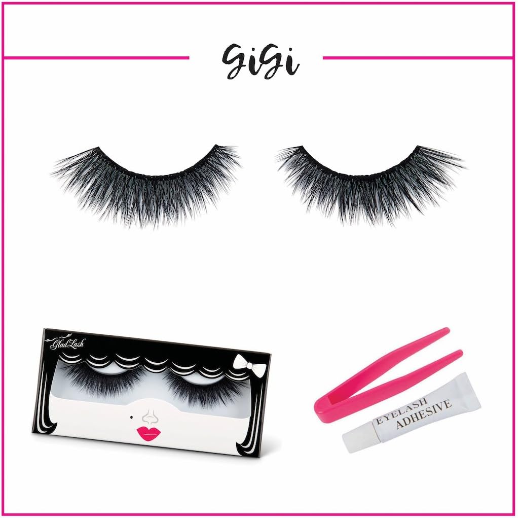 3D False Lash Pack - “Gigi” by GladGirl - Set Includes Glue and Applicator - Light, Fluffy Style - Reusable Fake Lashes - Multi-layered Synthetic Silk