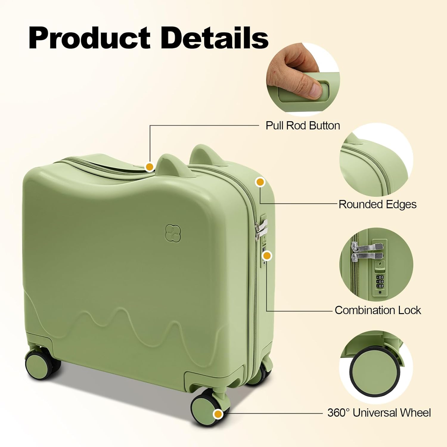 Ride on Suitcase for Kids, Kid's Ride-on Travel Suitcase with Wheels, Rolling Carry On Luggage with Lock for Girls and Boys, Children's Ttrolley Rider Ride-on Luggage Case (Olive Green)