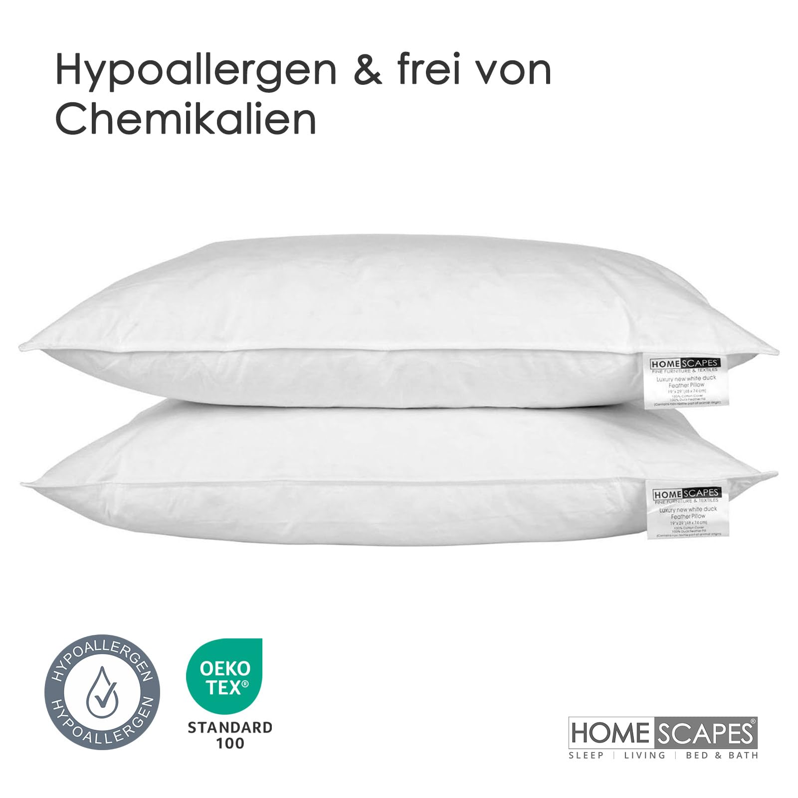 Homescapes mittelfestes Kopfkissen 48 x 74 cm im 4er Set, Federkissen mit 100% Entenfederfüllung, RDS- und Oeko-Tex-Zertifiziert, Bezug aus 100% Baumwolle