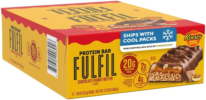FULFIL Chocolate Peanut Butter Flavored Protein Bar Made with REESE's Peanut Butter, Gluten Free with 20g Protein, Pantry Staples, 12 Count