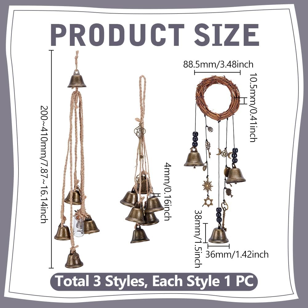 UNICRAFTALE 3Set Witch Bells Witch Protection Door Hangers Metal Wiccan Wind Chimes Door Hanger Bell for Clear Negative Feeling Witchcraft Home Decor Supplies for Boho Home 20~41cm