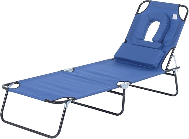 Outsunny Sun Lounger Foldable Reclining Chair with Pillow and Reading Hole Garden Beach Outdoor Recliner Adjustable Blue