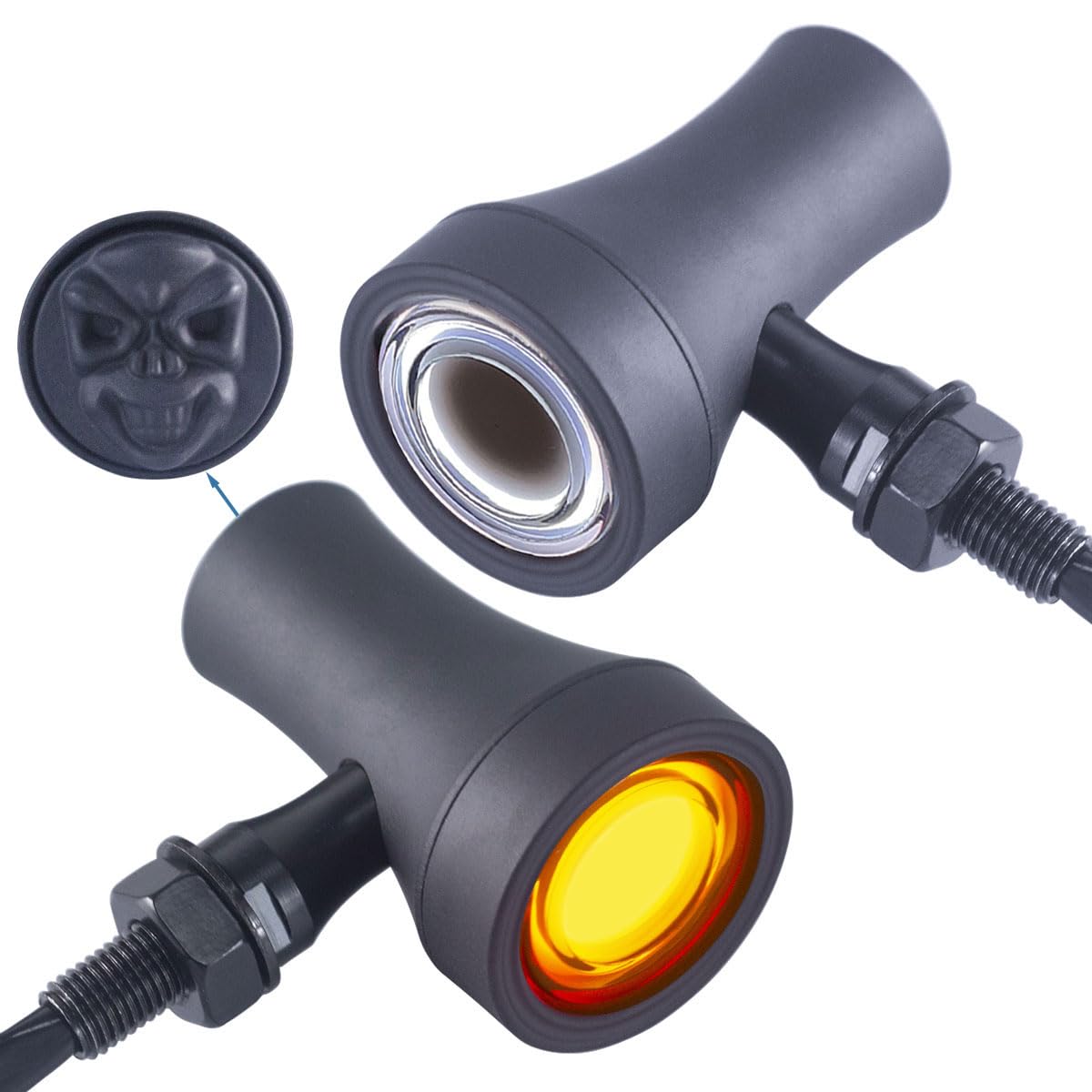 FATECIM 2X Motorcycle LED Skull Front Turn Signals Running Driving Light Heavy Duty Motorbike White Amber Light Blinker Indicator for Bobber Harley Honda Yamaha Suzuki Kawasaki Cruiser Chopper Black