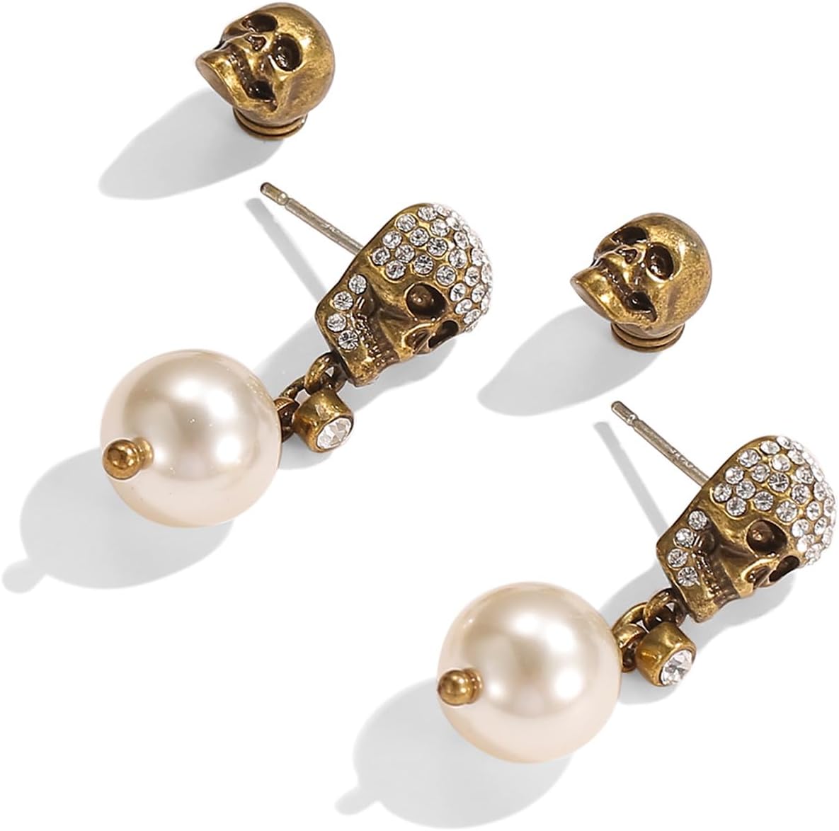 Full Diamond Skull Pearl Tassel Earrings for Women Hip Hop Trendy Retro Earrings for Women Accessories 925 Silver