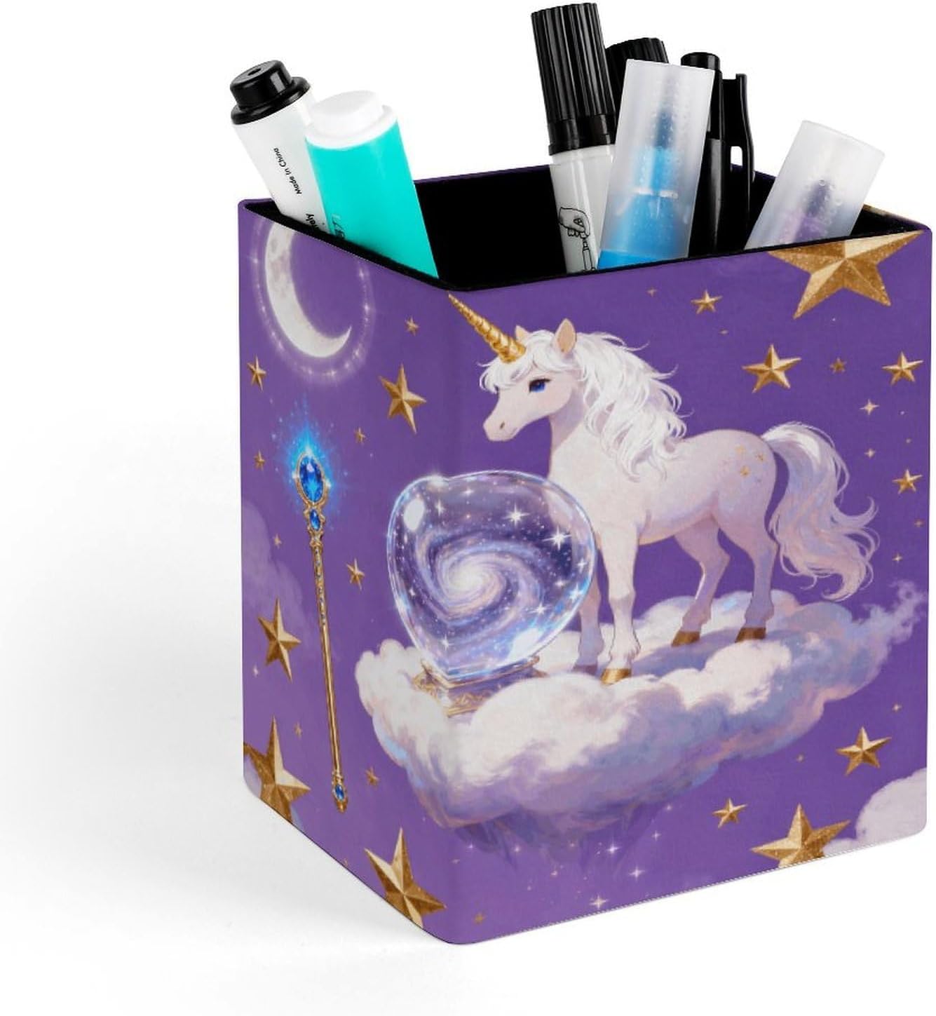 PU Leather Magic World Pen Holder Desk Stationery Organizer Remote Control Container Caddy Multifunctional Makeup Brush Storage Box Desktop Decor for Office Home