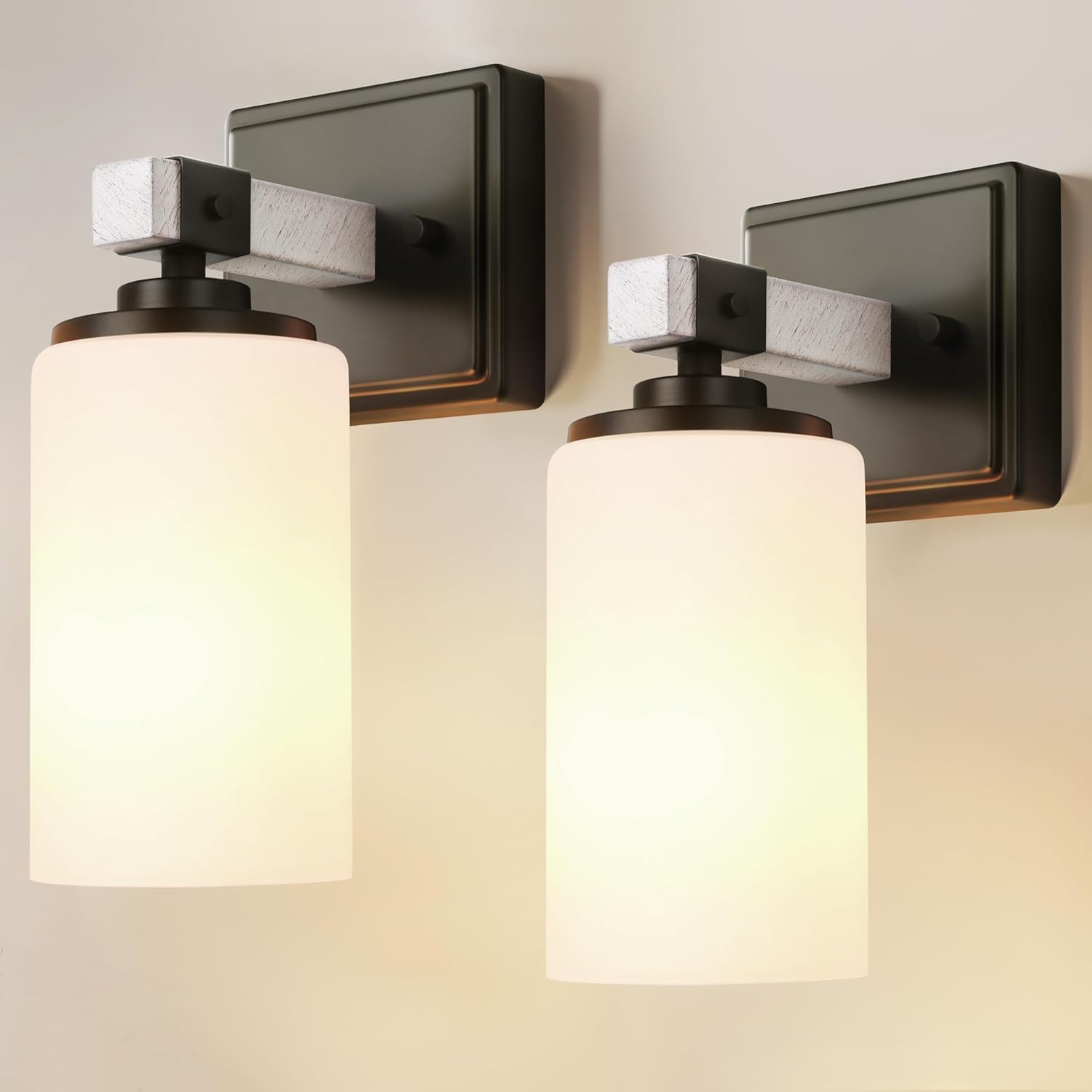 Wall Sconces Set of Two, Farmhouse Rustic Vanity Light for Bathroom, Wall Light Fixtures with White Shade for Mirror, Bedroom, Living Room, White Handcrafted Wood-Grain, Hardwired(Bulbs Not Included)
