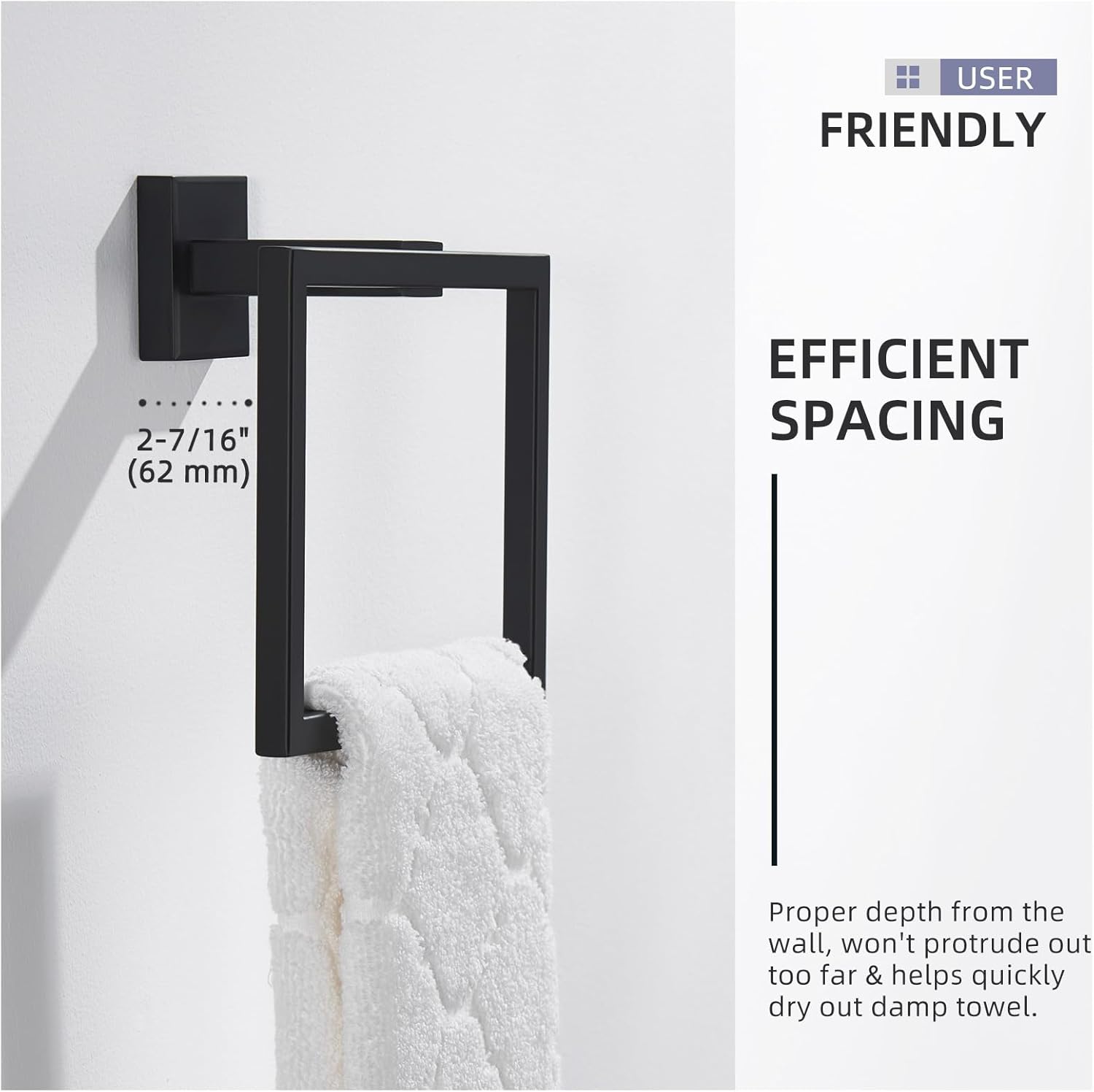 Angle Simple Square Bath Towel Hook 2 PCS Bundle with Square Towel Ring (Matte Black)