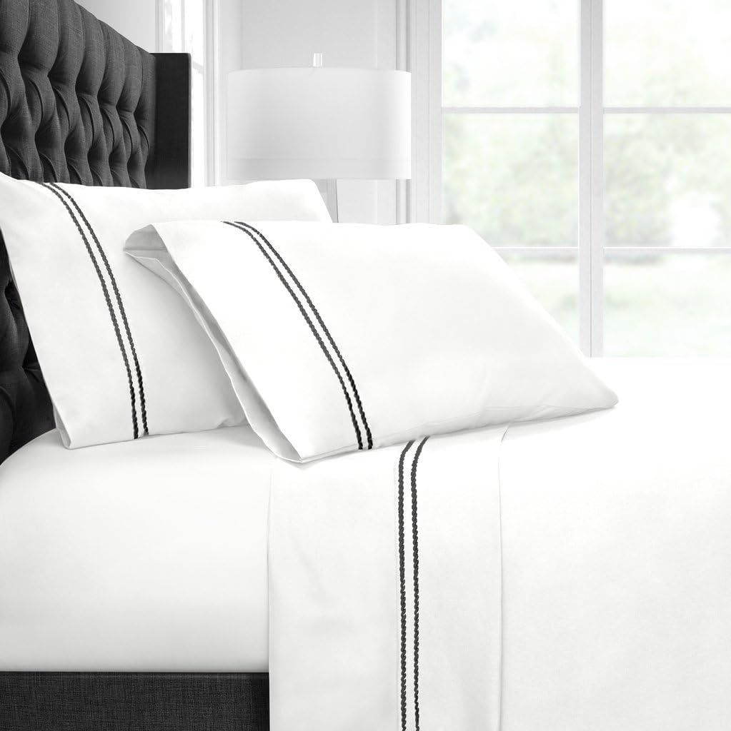 Egyptian Luxury Embroidered Bed Sheet Set – Ultra Soft Premium 1500 Series w/Beautiful Rope Embroidery – Wrinkle & Fade Resistant, Hypoallergenic 4 Piece Set- Twin - White/Black