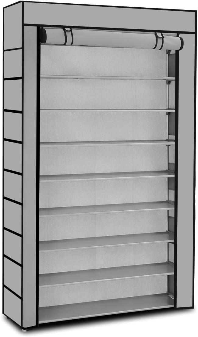 Luxsuite Shoe Rack Storage, Multiple Combination 60 Pairs 10 Tier Shelf Portable Metal Pipes Organizer Stand With Waterproof Fabric Tiers, Easy Assemble Grey Cover