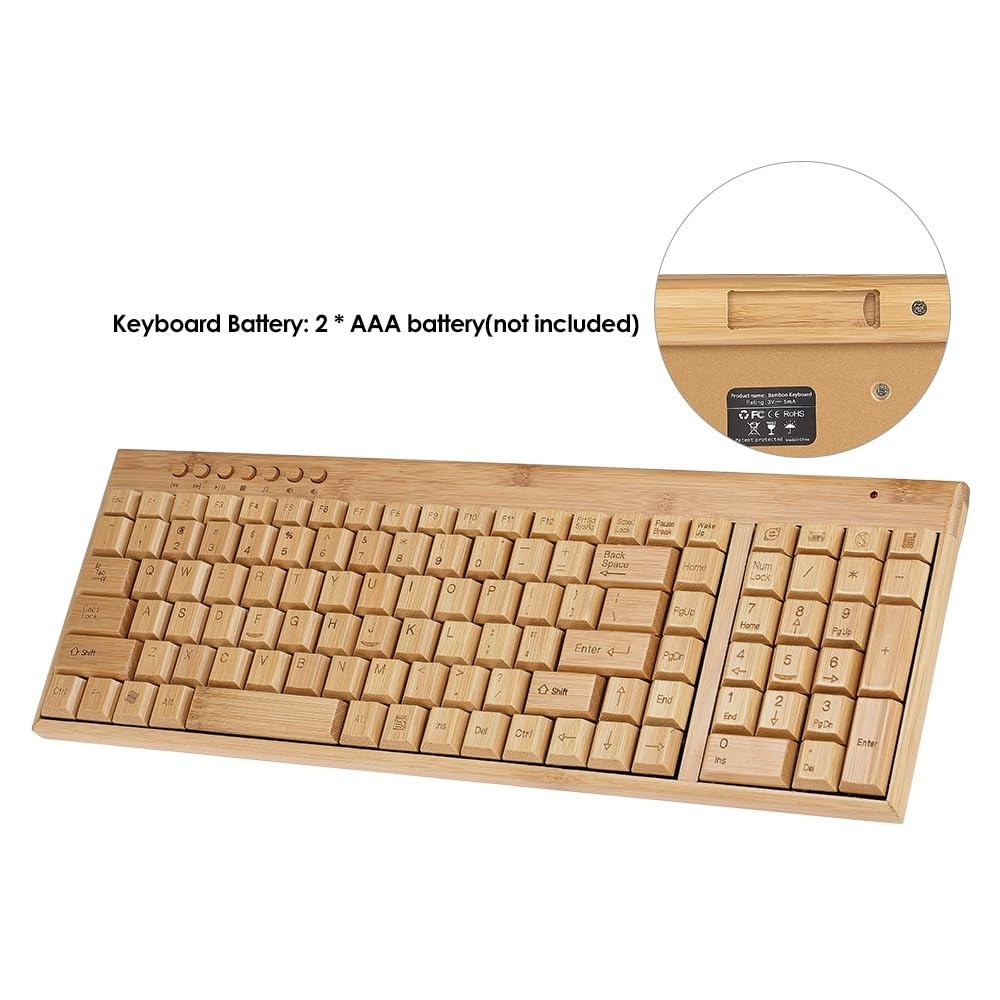 Zestaw Bezprzewodowej Klawiatury i Myszy Bamboo, Naturalne Drewno Bambusowe 2,4G, Klawisze Multimedialne, Kompatybilny z 7/8/XP/VISTA, do Użytku w Domu, Biurze i Grach