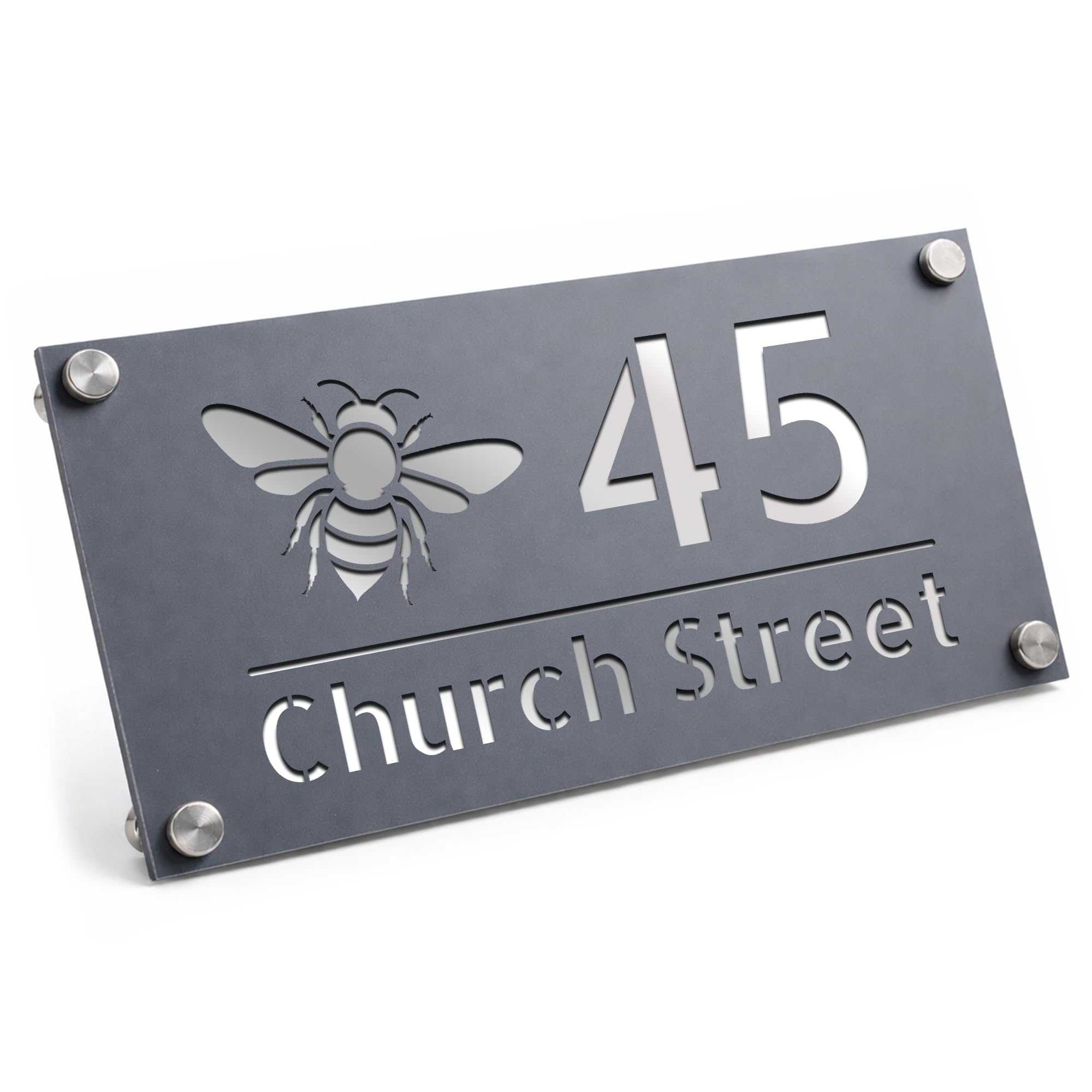 Red Ocean Personalised House Number Sign Bee Design Grey With Silver Street Address Plaque Address Sign For Outside Wall Sign For Home (Grey With Silver Back)