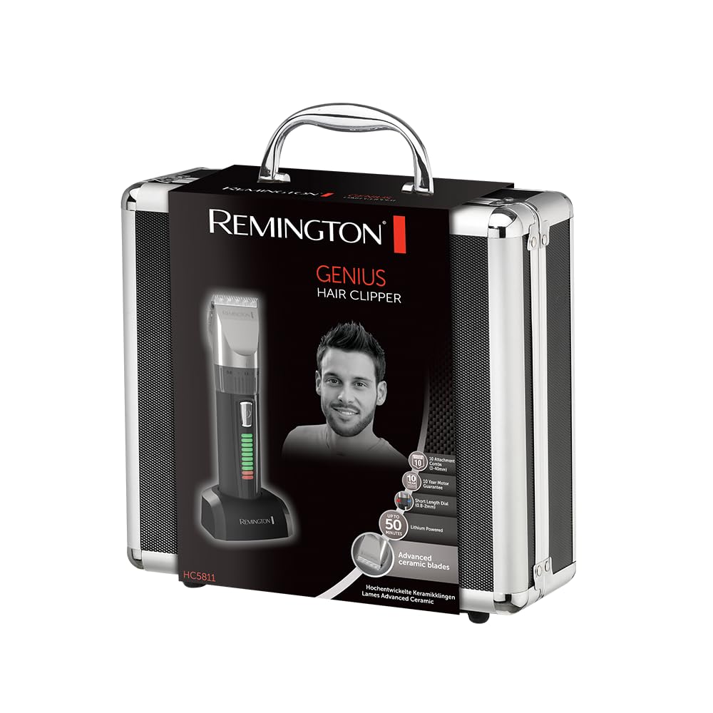 Remington Tagliacapelli Professionale - Lame in Ceramica autoaffilanti - 10 pettini, Funzionamento a rete-batteria, Batteria al litio a lunga durata, Custodia pro in alluminio, Mantella, HC5811