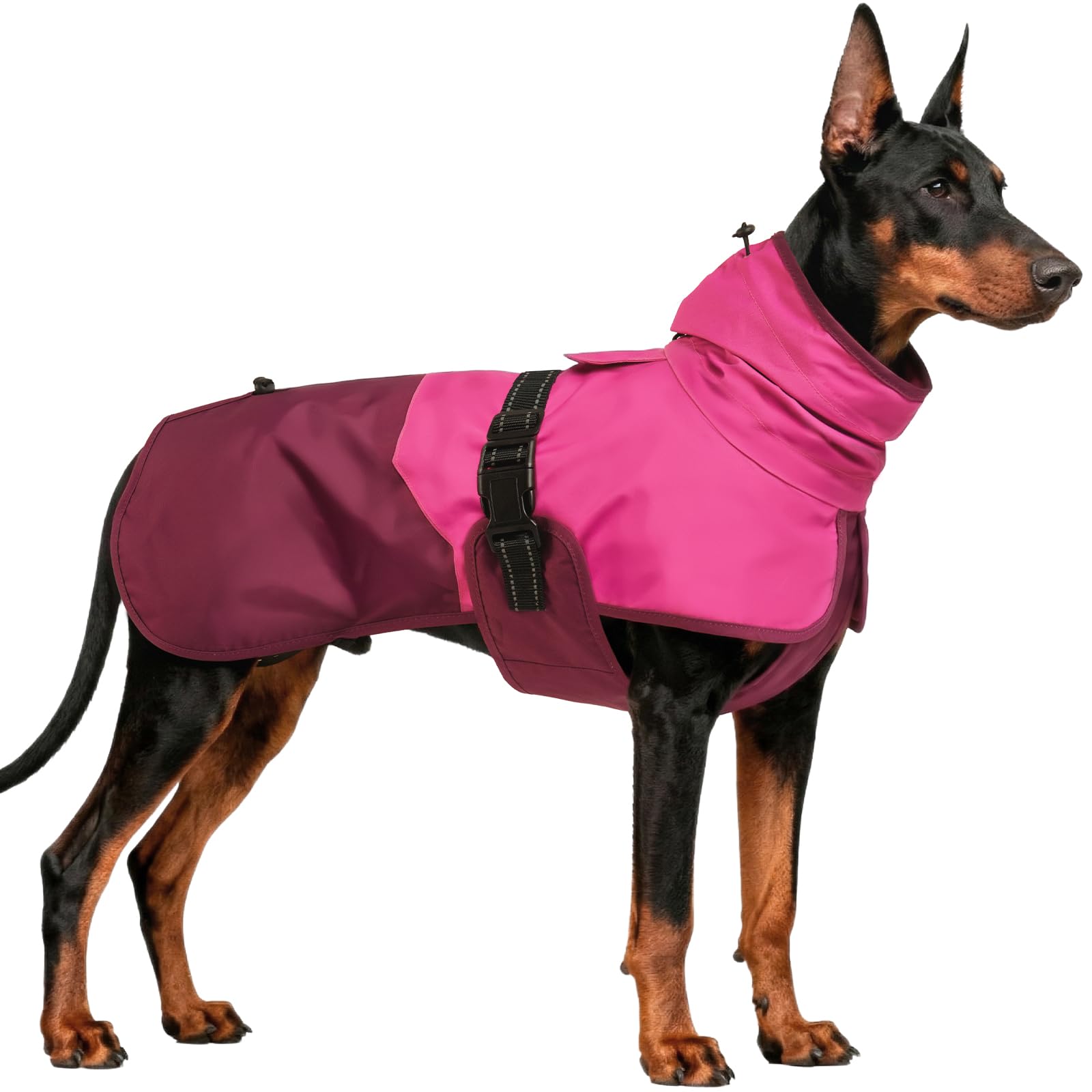 OUOBOB Waterproof Lightweight Reflective Dog Raincoat with Hood for Large Breeds - Adjustable Rain Mac for Labrador, German Shepherd, Magenta, 3XL