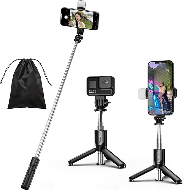 Amazon Brand - Eono Selfie Stick, 4 in 1 Mini Selfie Stick Tripod with Light, Extendable and Portable Stable Tripod Stand with Detachable Wireless Remote Compatible with iPhone/GoPro/Galaxy/Camera