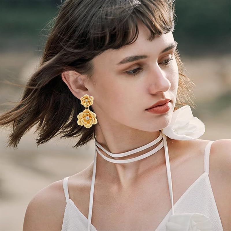 Unique Bohemian Large Matte Double Flower Dangle Drop Earrings Glod Pearl Flower Stud Earrings For Women - Image 3