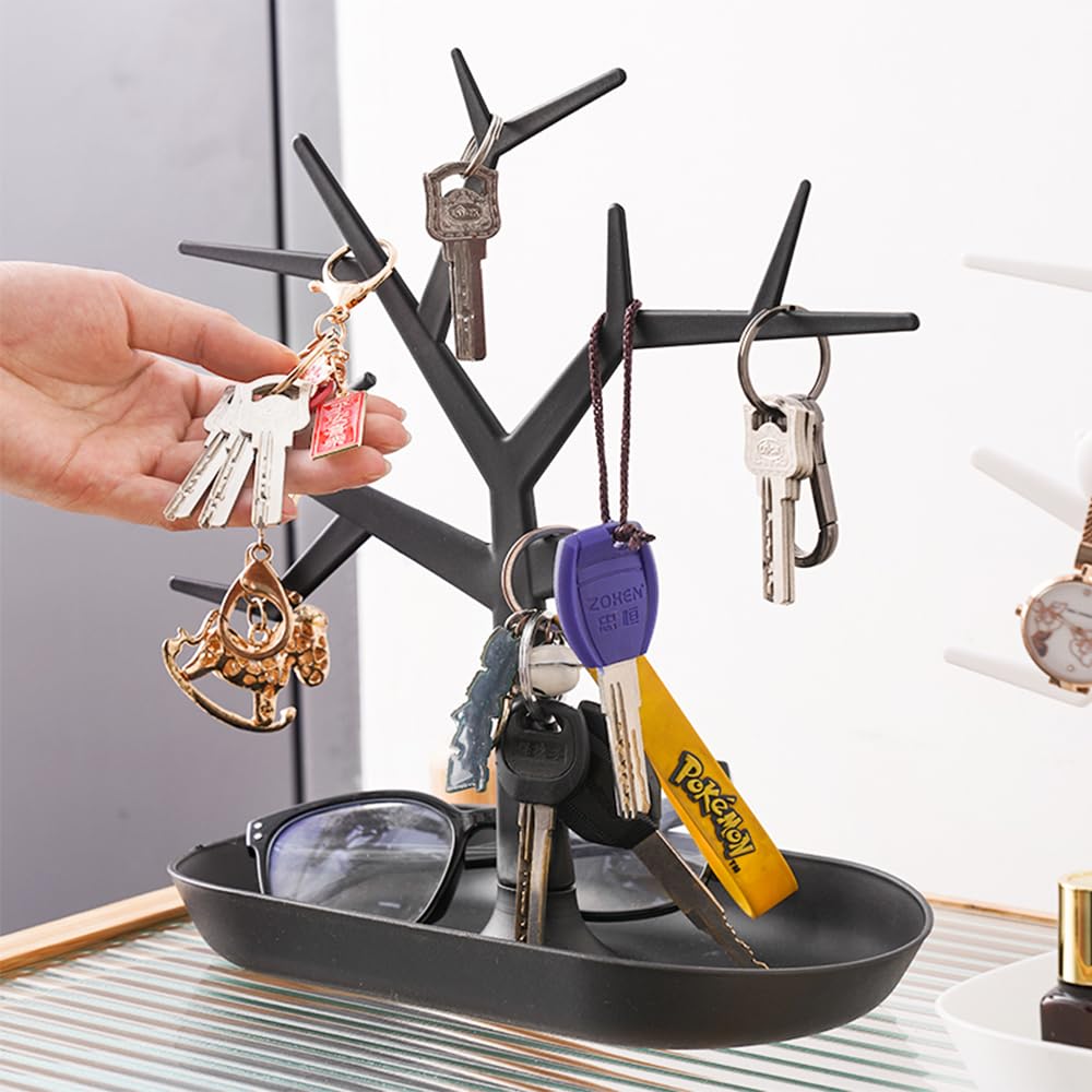 MIUPOO Supporto portachiavi da tavolo con albero, espositore per gioielli, collane, anelli, orecchini, vassoio organizer per gioielli, decorazione per la casa per l'ingresso di casa, nero, 1 pezzo.