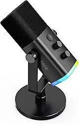 FIFINE Microfone gamer para podcast,microfone dinâmico USB/XLR de mesa para jogos gravação,PC mic de computador com RGB, botão de mudo, conector para fones ouvido,preto - Ampligame AM8