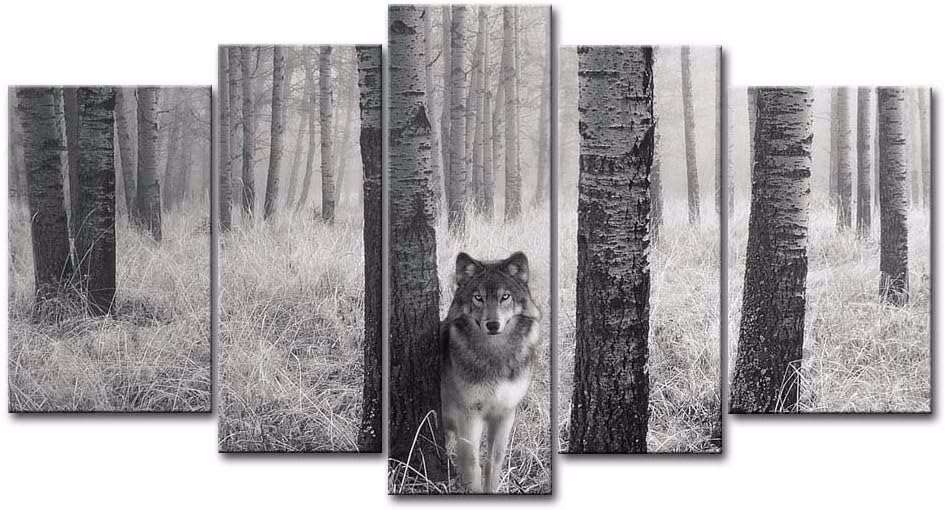 With frame/No frame 5 Panels Canvas Prints Wolf black and white canvas painting poster home decor fashion animal wall art for living room ,Large size,Framed