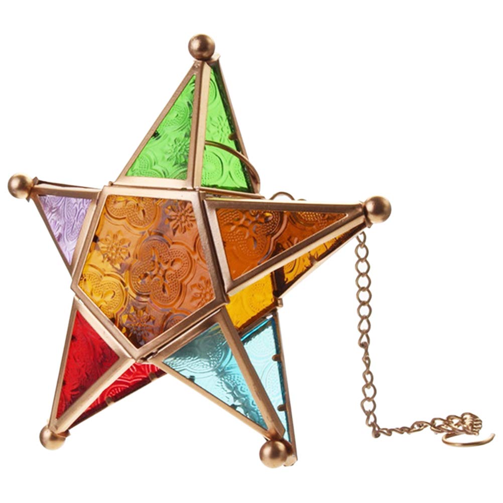 OSALADI Glass Tealight Candle Holder Moroccan Pentagram Tea Light Holder with Hanging Chain for Home Party Garden Path Decoration Gold