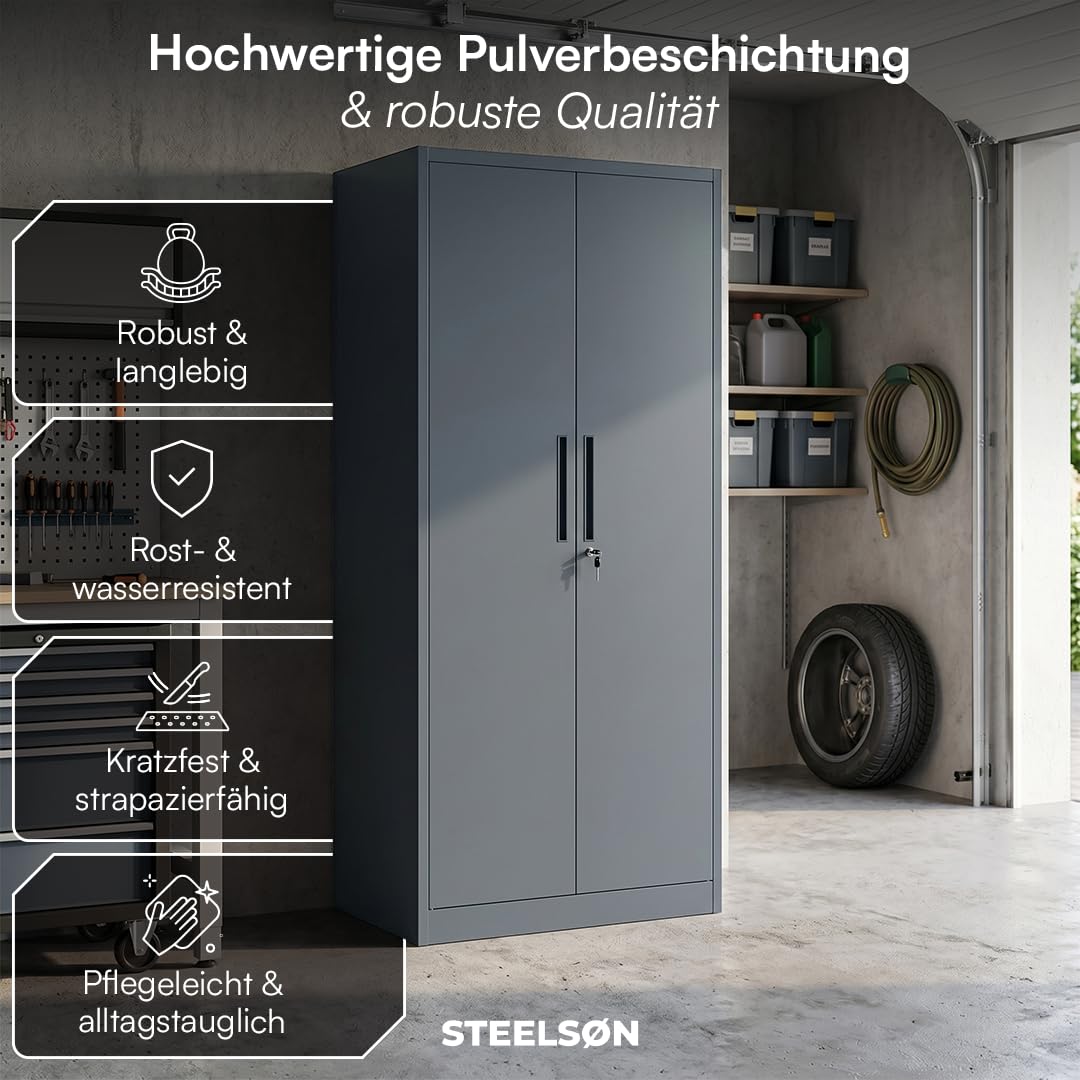 STEELSØN Regulus Metallschrank abschließbar – Garderobenschrank mit 6 Fächern und 1 Kleiderstange – Spind Schrank mit Doppeltüren – Mehrzweckschrank Anthrazit – Kleiderschrank Metall 175x40x80 cm