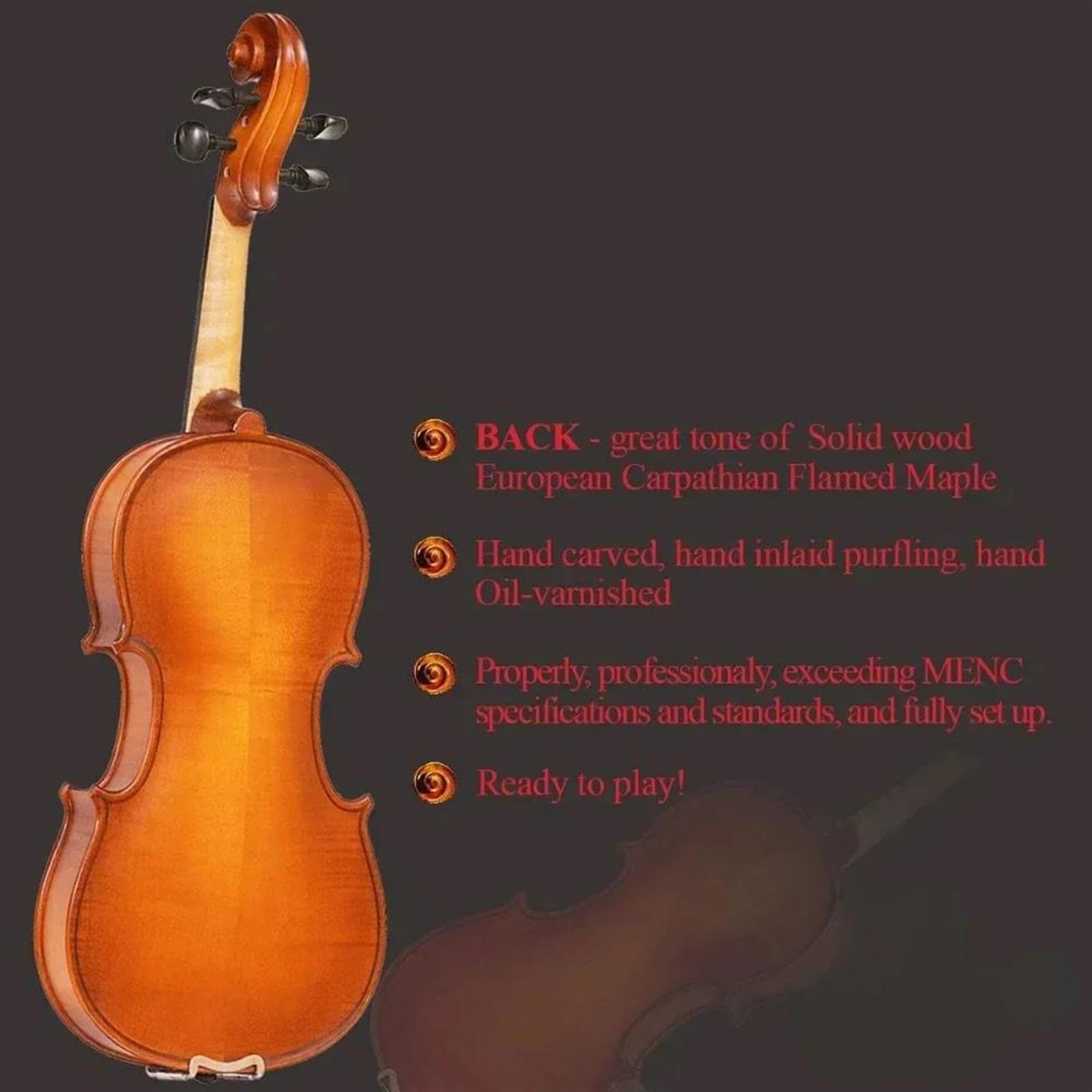 Violino Set Violino 4/4 A Grandezza Naturale Violino Acustico In Legno Massello Intagliato E Verniciato A Mano