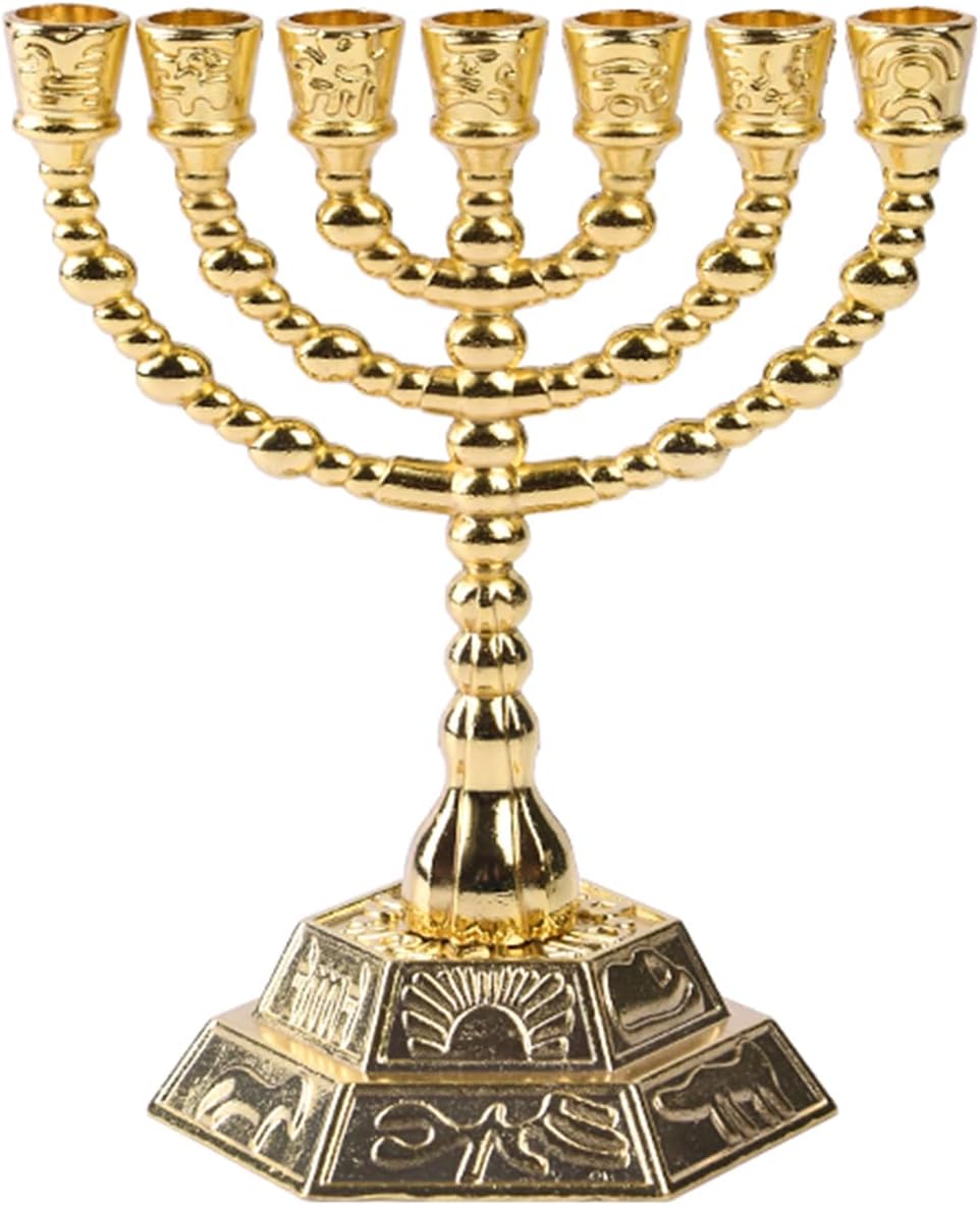 Golden Jerusalem Candle Holder Decorative Creative Home Tabletop Menorah Decoration Judaica 7 Branch Israel Menorah (3.6 * 4.4 inches)